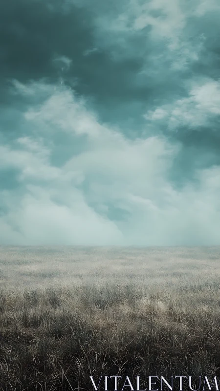 Moody field stretches beneath low, mist-laden teal skies.