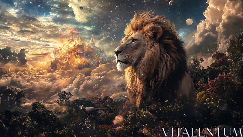 Starlit lion keeps silent watch above a storm-forged realm