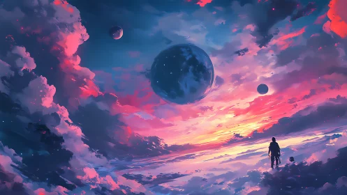 Lone figure under vivid alien sky with three planets.