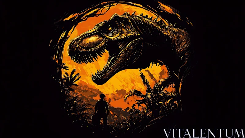 Backlit tyrannosaur silhouette confronts lone human in volcanic jungle
