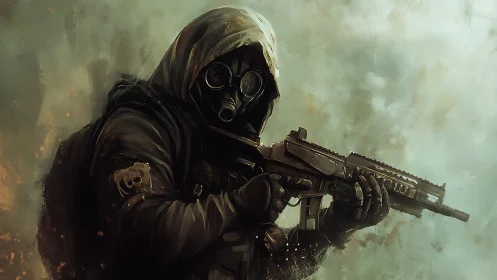 Hooded gas mask figure holds compact rifle in hazy setting