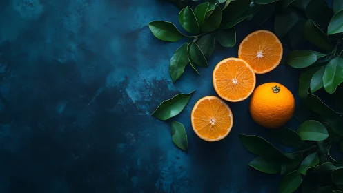 Sunlit orange slices glowing against deep blue foliage.