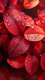 Scarlet leaves glisten under dewy morning rainfall