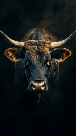 Horned bull portrait on dark background, frontal view.