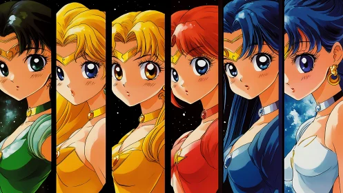 Starlit anime heroines lined up in bold cosmic color harmony.