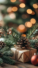 Shallow-depth holiday macro of wrapped gift with pinecone accent