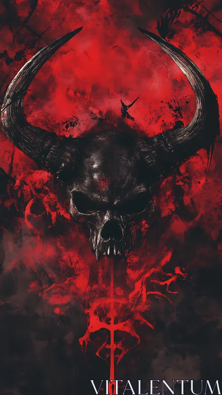 Horned skull illustration is centered over red abstract field