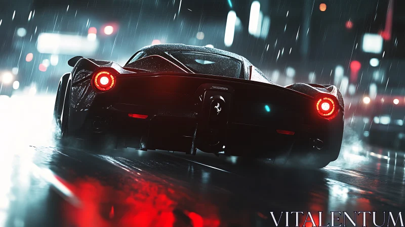 Midnight hypercar hunts neon reflections in the rain.