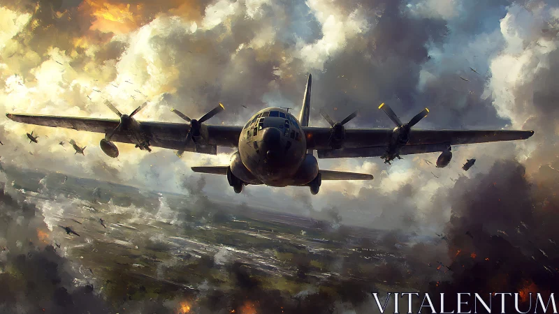 Bomber aircraft cuts through stormy battlefield sky