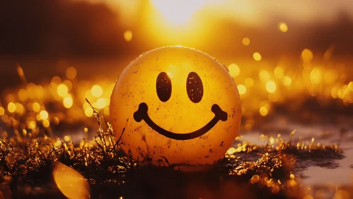 Backlit smiley sphere in shallow depth golden hour field.