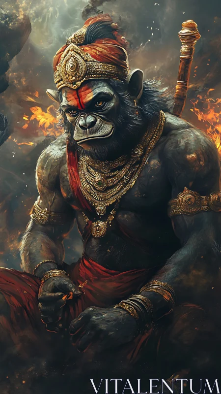 Mythic simian warrior rendered in high-detail digital painting.