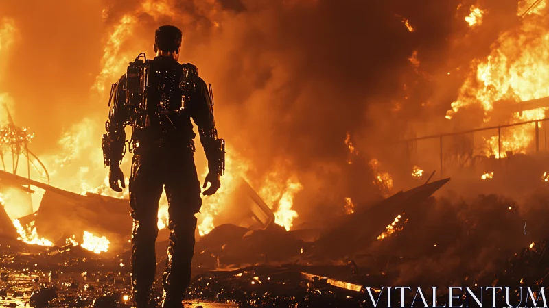 Armored lone figure advances through towering urban inferno