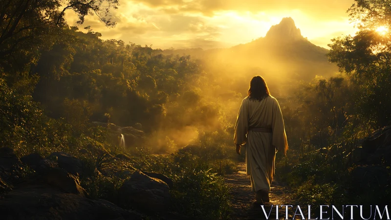 Robe-clad figure walks toward a golden, misty mountain sunrise