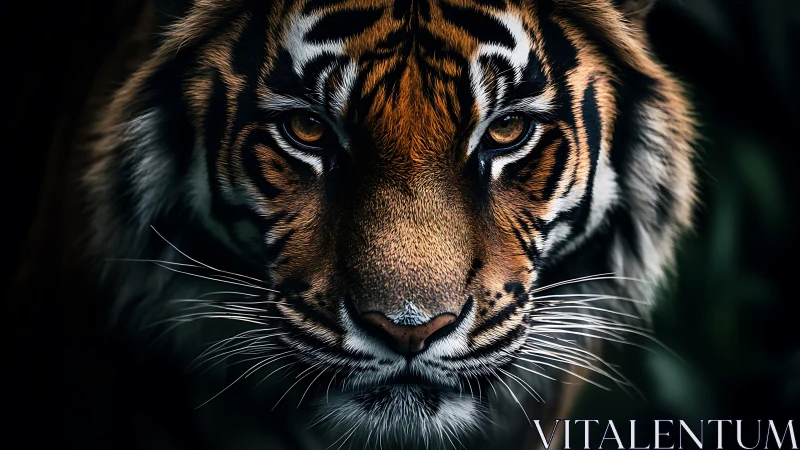 Close frontal view of a tiger face in low key lighting.