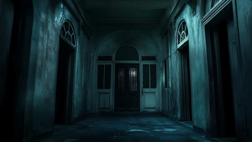 Moody abandoned hallway glowing with quiet eerie mystery.