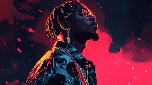 Stylized portrait of rapper in neon red backlight