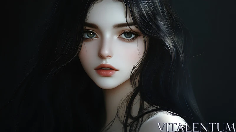 Midnight-eyed portrait of porcelain muse in soft shadow.