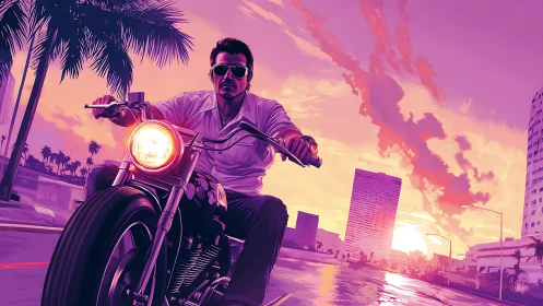 Neon sunset rider speeds through vivid palm city streets.