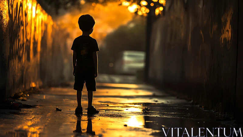 Child silhouette in urban alley under golden sunset glow.