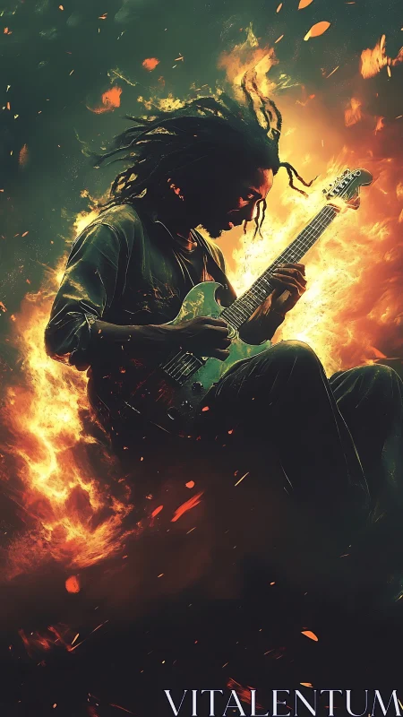 Guitarist rides a wildfire solo through swirling ember skies