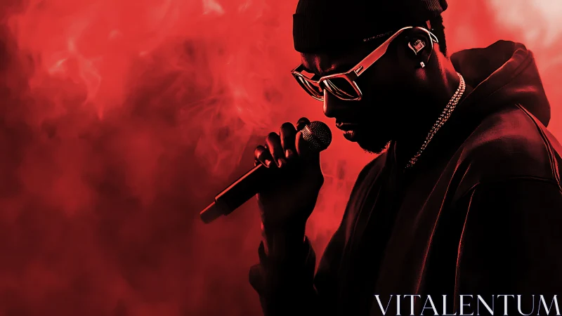 Silhouetted hip hop vocalist under red stage haze.