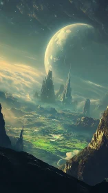 Emerald Exoplanet Citadel Beneath a Moonlit Colossus.