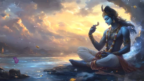 Divine blue figure in meditative pose beside luminous river