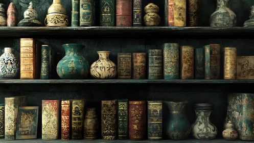 Timeworn books and vases quietly line a moody vintage shelf