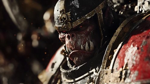 Battle-scarred orc warlord glares in brutal metal armor.
