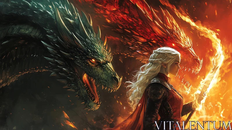 Fiery dragon guardian stands beside warrior in blazing light