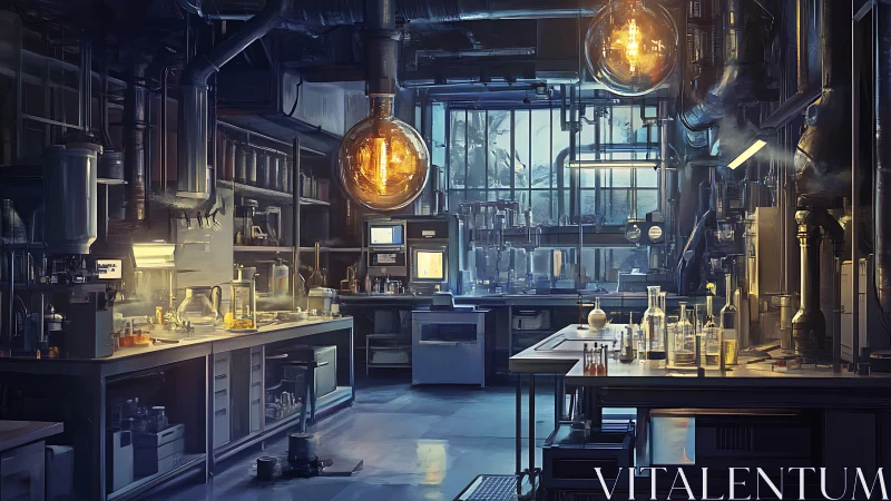 Futuristic industrial laboratory glows under oversized bulbs