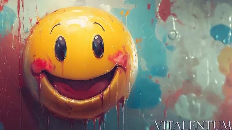 Smiley face melting in vivid dripping paint on wall.