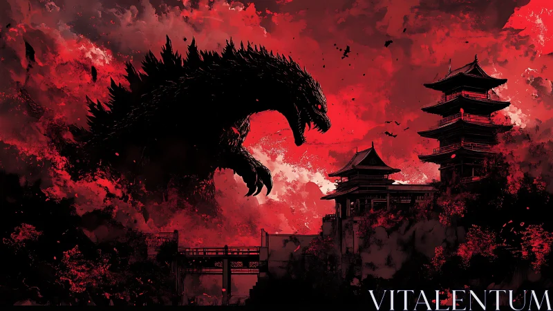 Giant monster silhouette looming over burning pagoda city.