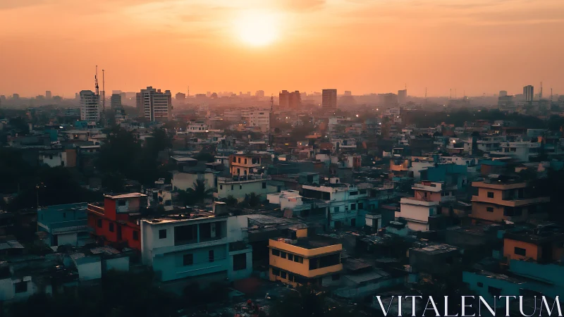Sunset warmth spilling over a colorful city rooftop maze.