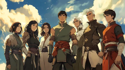 Heroic fantasy team stands united beneath glowing skies