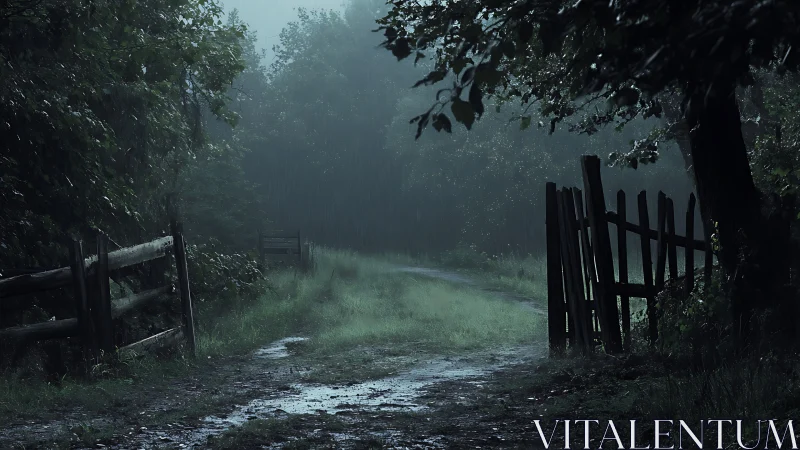 Rain-soaked forest path with broken wooden fence at dusk.