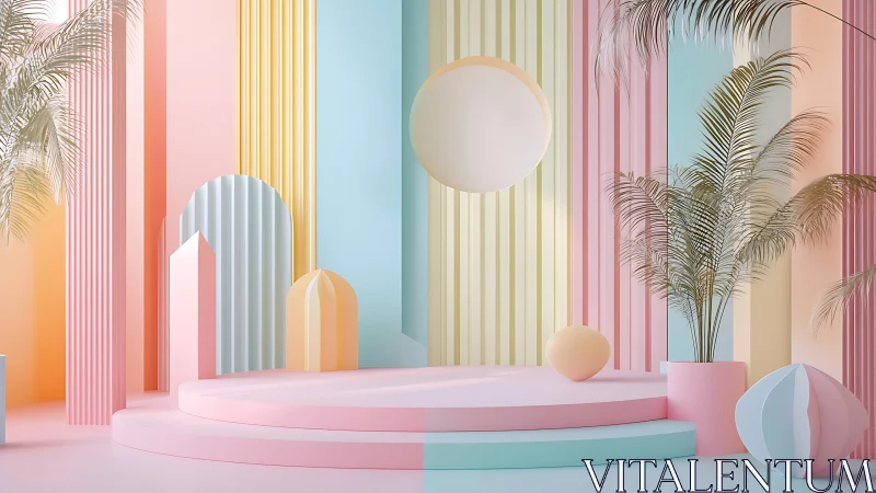 Soft pastel stage with playful shapes and dreamy palms.