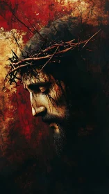 Crowned figure in profile within textured crimson shadows.