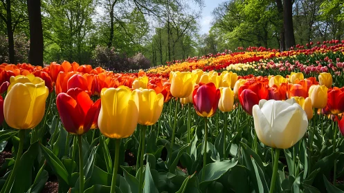 Tulip Field with Varied Cultivars in Bloom.