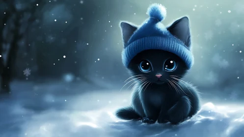 Sentient Feline Entity in Winter Nocturne with Luminescent Optical Elements.