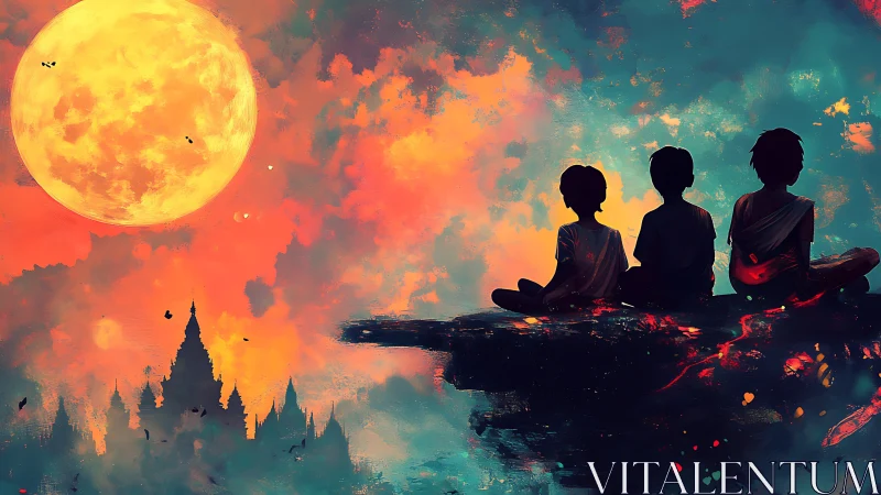 Children watch a blazing moonrise above a dreamlike city