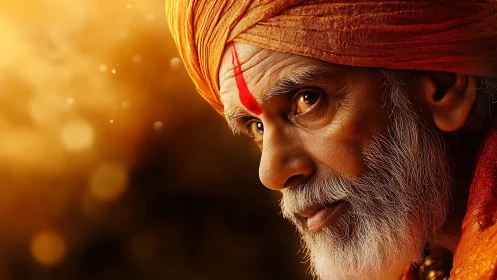 Elderly holy man gazes sideways under warm golden light