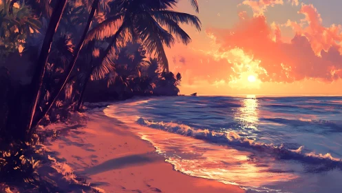 Tropical shoreline glows under vivid sunset reflections.