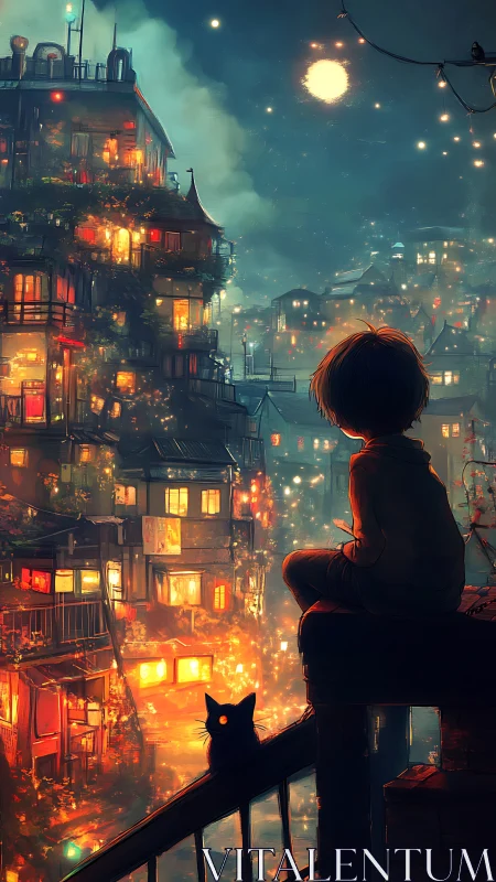 Child observes dense illuminated hillside district at night