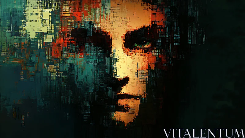 Mysterious digital face emerges from glowing pixelated shadows