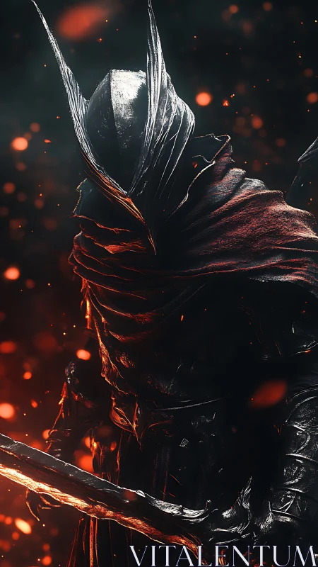 Dark knight stalks through glowing embers with grim purpose