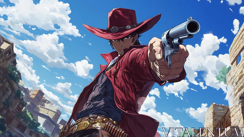 Anime gunslinger in red coat aiming revolver at viewer.