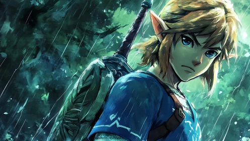 Young forest hero stands ready beneath the falling rain.