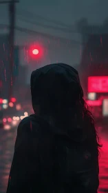 Hooded figure in rainy city street at night under red light.