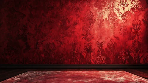 Ornate red damask wall and rug create theatrical interior depth